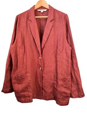 Coldwater Creek 100% Linen Blazer Jacket Size Large Rust Brown Relaxed Career